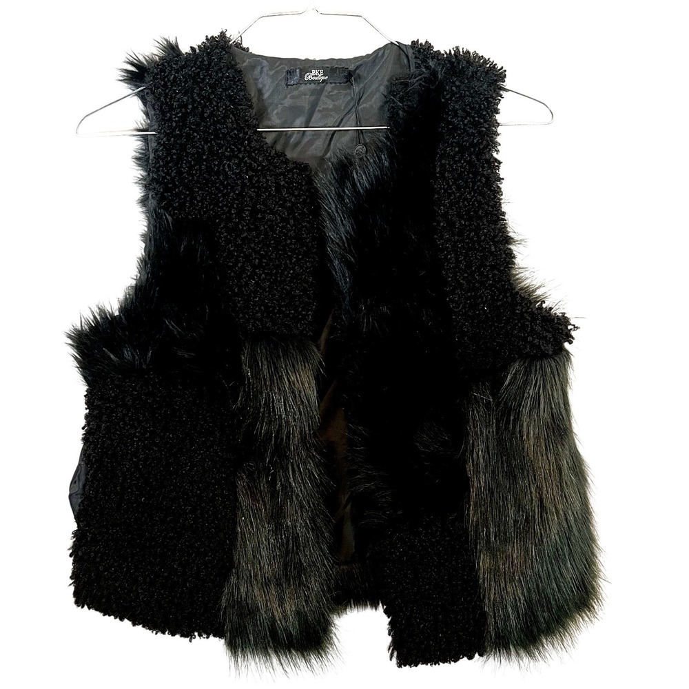 BKE Boutique Womens M Faux Fur Vest Black Penny Lane Boho Patchwork NEW